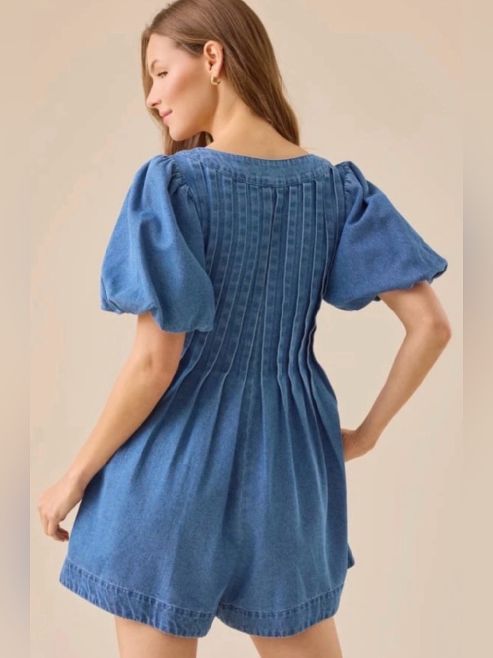 Altar'd State Medium Wash Denim Romper with Puff Sleeves - Blue - Picture 2 of 6